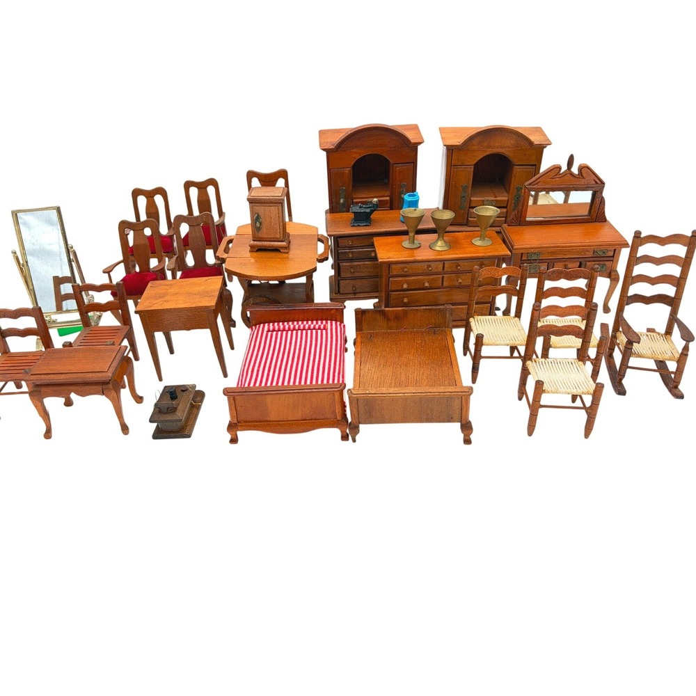 Vintage Wooden Dollhouse Furniture Lot Beds Dressers Chairs Vanity 32 Pieces
